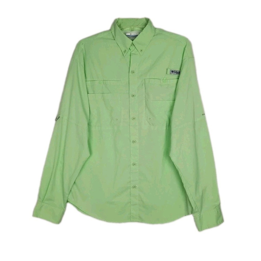 Columbia PFG Mens Omnishade Long Sleeve Button‎ Shirt Green Sz S Roll Tap Vented